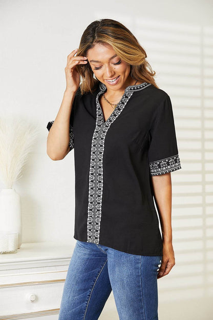 Double Take Embroidered Notched Neck Top - MimiStylez