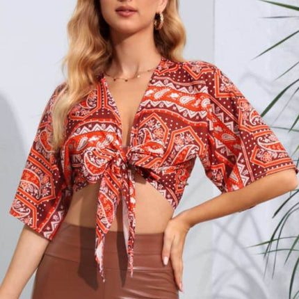 Printed Tie Front Cropped Dolman Sleeve Blouse - MimiStylez