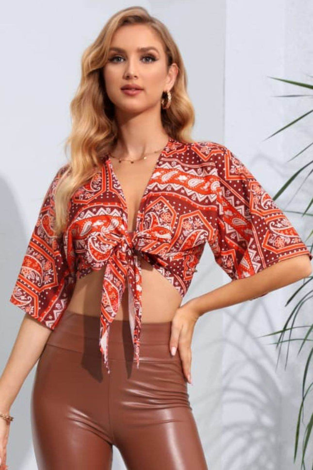 Printed Tie Front Cropped Dolman Sleeve Blouse - MimiStylez