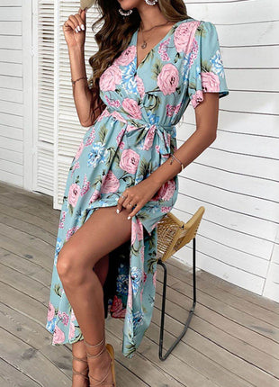 Floral Tie-Waist Slit Surplice Maxi Dress - MimiStylez