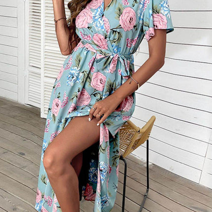 Floral Tie-Waist Slit Surplice Maxi Dress - MimiStylez