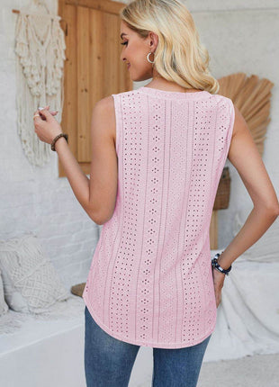Eyelet Decorative Button V-Neck Tank - MimiStylez
