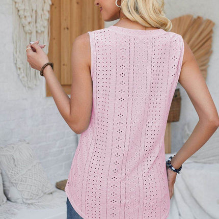 Eyelet Decorative Button V-Neck Tank - MimiStylez