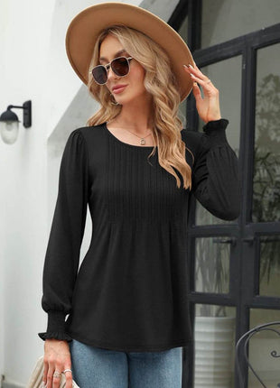 Smocked Round Neck Lantern Sleeve Blouse - MimiStylez