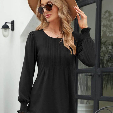 Smocked Round Neck Lantern Sleeve Blouse - MimiStylez