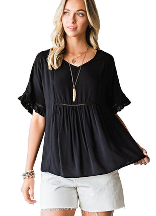 V-Neck Flounce Sleeve Babydoll Blouse - MimiStylez