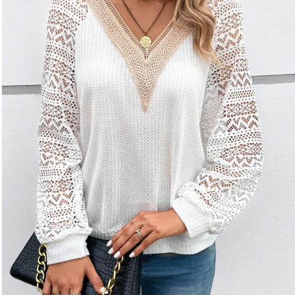 Lace V-Neck Raglan Sleeve Top - MimiStylez