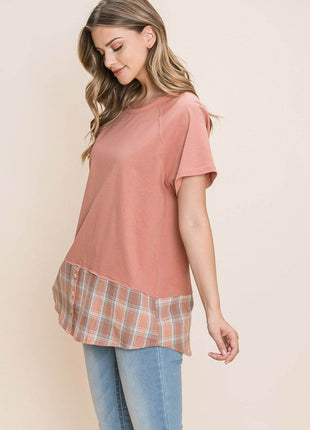 Cotton Bleu by Nu Lab Plaid Contrast Short Sleeve T-Shirt - MimiStylez