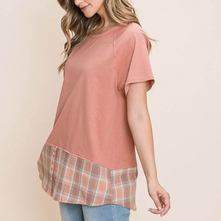 Cotton Bleu by Nu Lab Plaid Contrast Short Sleeve T-Shirt - MimiStylez