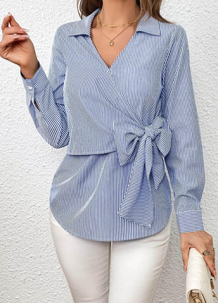 Bow Tie Waist Johnny Collar Neck Striped Blouse - MimiStylez