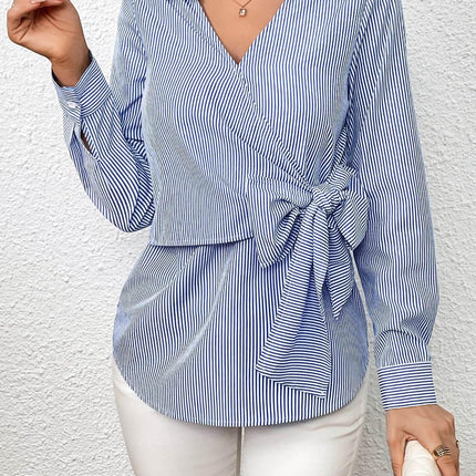 Bow Tie Waist Johnny Collar Neck Striped Blouse - MimiStylez