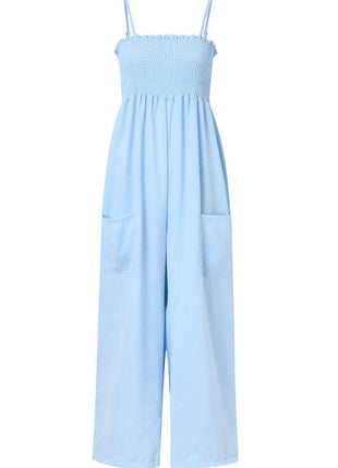 Smocked Spaghetti Strap Wide Leg Jumpsuit - MimiStylez
