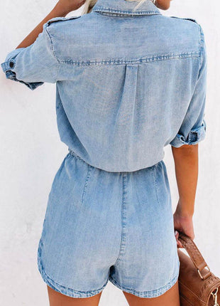 Drawstring Half Button Half Sleeve Denim Romper - MimiStylez
