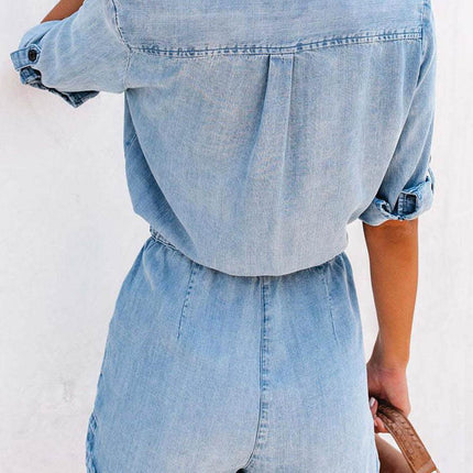 Drawstring Half Button Half Sleeve Denim Romper - MimiStylez
