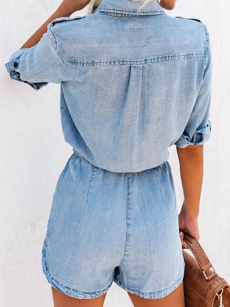 Drawstring Half Button Half Sleeve Denim Romper - MimiStylez