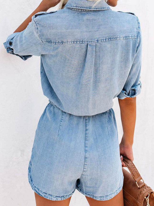 Drawstring Half Button Half Sleeve Denim Romper - MimiStylez