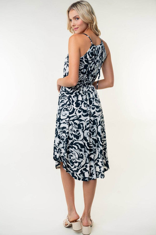 White Birch Tied Ruched Floral Sleeveless Knee Length Dress - MimiStylez