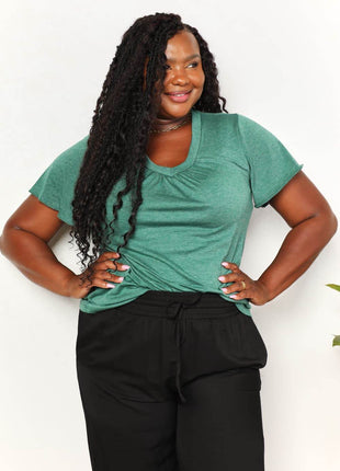 Double Take Ruched V-Neck Short Sleeve T-Shirt - MimiStylez