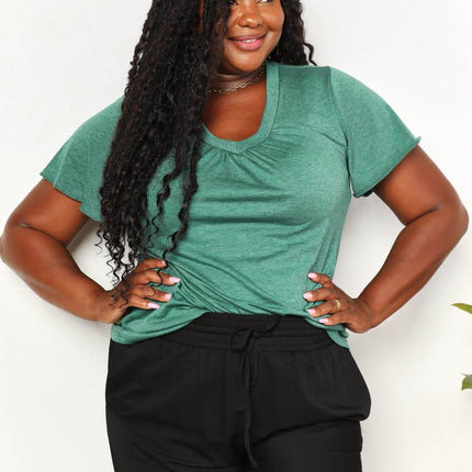 Double Take Ruched V-Neck Short Sleeve T-Shirt - MimiStylez