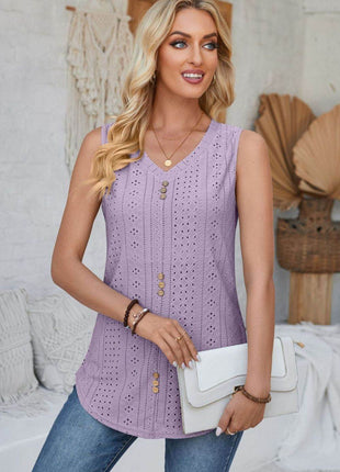 Eyelet Decorative Button V-Neck Tank - MimiStylez