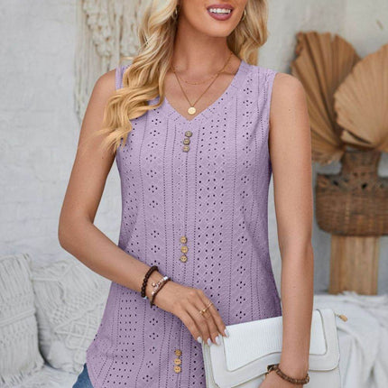 Eyelet Decorative Button V-Neck Tank - MimiStylez