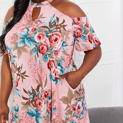 Sew In Love Full Size Fresh-Cut Flowers Cold-Shoulder Dress - MimiStylez
