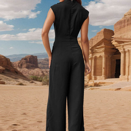 Ruched Mock Neck Sleeveless Jumpsuit - MimiStylez