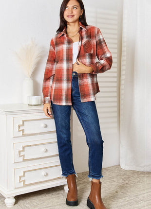 Double Take Plaid Collared Neck Long Sleeve Shirt - MimiStylez