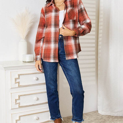 Double Take Plaid Collared Neck Long Sleeve Shirt - MimiStylez