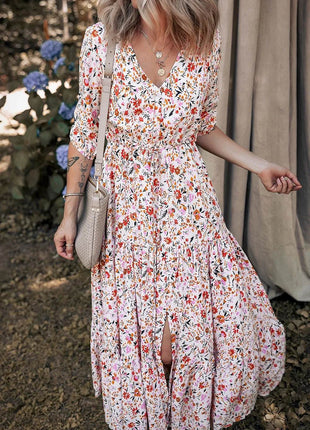 Boho Half Sleeve Floral V Neck Maxi Dress - MimiStylez