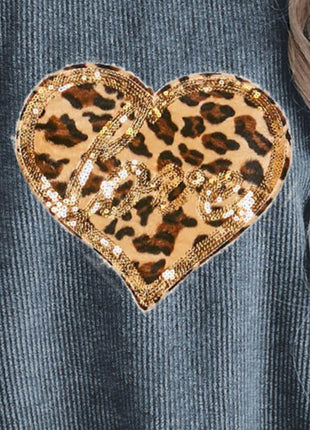 Heart Leopard Sequin Round Neck Sweatshirt - MimiStylez