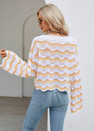 Round Neck Openwork Flare Sleeve Knit Top - MimiStylez