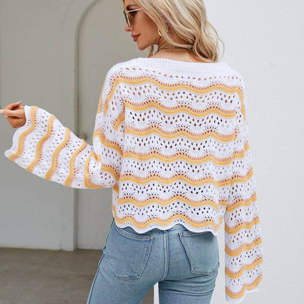 Round Neck Openwork Flare Sleeve Knit Top - MimiStylez