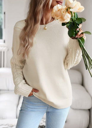 Cable-Knit Round Neck Drop Shoulder Sweater