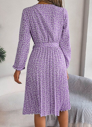 Ditsy Floral Tie Waist Pleated Dress - MimiStylez