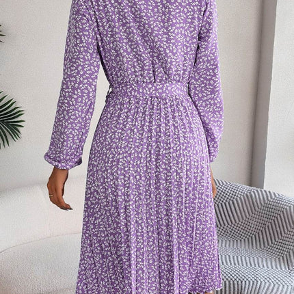 Ditsy Floral Tie Waist Pleated Dress - MimiStylez