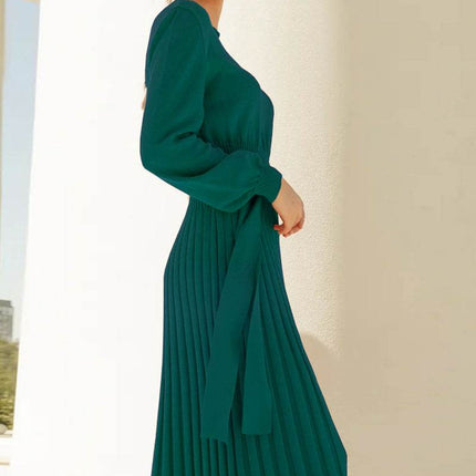 Round Neck Long Sleeve Pleated Sweater Dress - MimiStylez