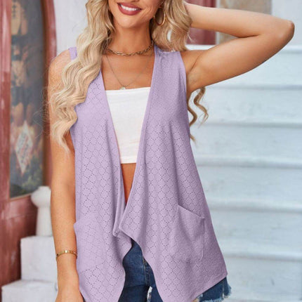 Eyelet Open Front Sleeveless Cardigan - MimiStylez