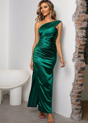 One-Shoulder Ruched Slit Maxi Dress - MimiStylez