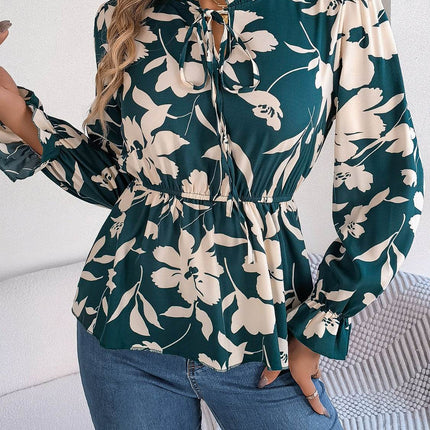 Printed Tie Neck Flounce Sleeve Blouse - MimiStylez