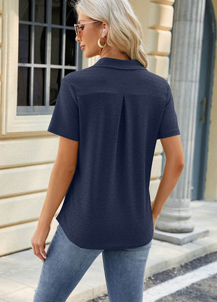 Pocketed Johnny Collar Short Sleeve Blouse - MimiStylez