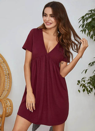 V-Neck Short Sleeve Lounge Dress - MimiStylez