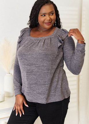 Double Take Square Neck Ruffle Shoulder Long Sleeve T-Shirt - MimiStylez