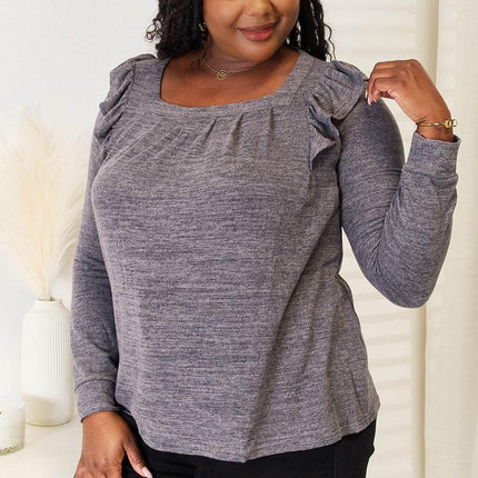 Double Take Square Neck Ruffle Shoulder Long Sleeve T-Shirt - MimiStylez