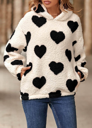 Fuzzy Heart Pocketed Dropped Shoulder Hoodie - MimiStylez