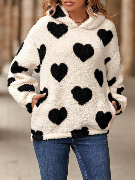 Fuzzy Heart Pocketed Dropped Shoulder Hoodie - MimiStylez