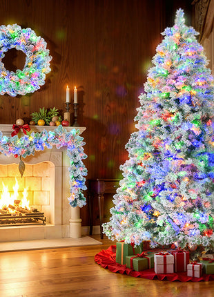 6FT Flocked Pre Lit Christmas Tree - With Tree & Garland & Wreath. - Colored 8 Mode LED Lights and Pine Cones