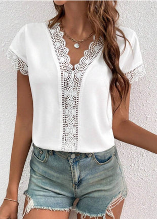 Lace Detail V-Neck Cap Sleeve Blouse - MimiStylez
