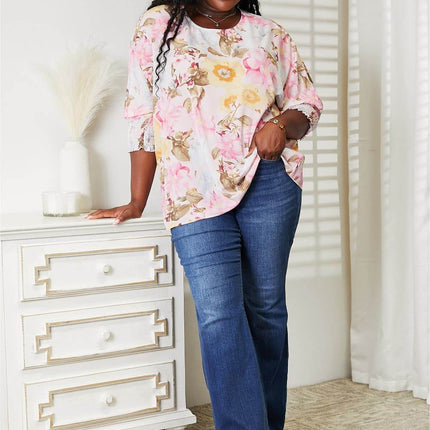 Double Take Floral Round Neck Three-Quarter Sleeve Top - MimiStylez