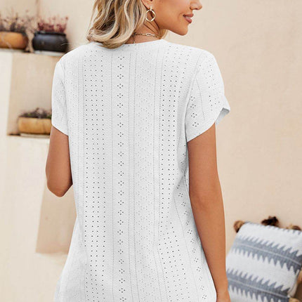 Eyelet Petal Sleeve V-Neck Knit Top - MimiStylez